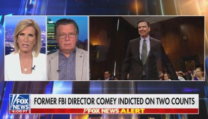 still of Laura, Fitzgerald; chyron: Former FBI director Comey indicted on two counts