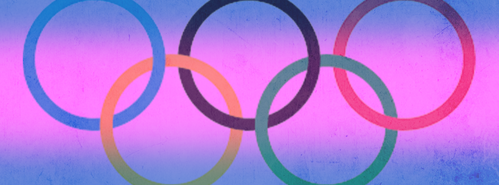 A stylized version of the Olympic rings overlaid with the colors of the transgender pride flag, featuring shades of blue, pink, and white. The rings appear slightly distorted and textured, blending into the background.