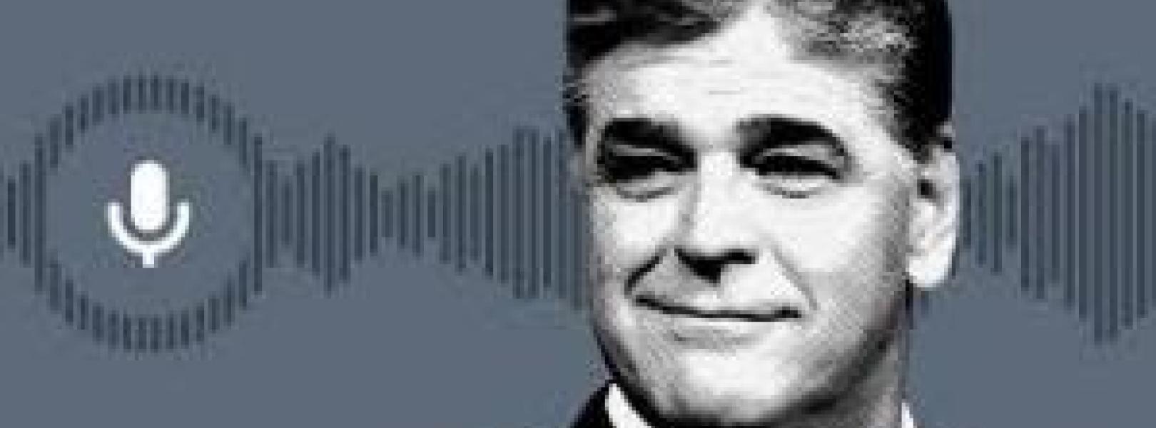 black and white image of Sean Hannity; clip art microphone; audio wave graphic