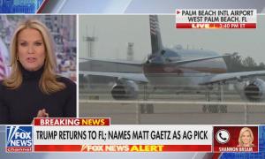 still of MacCallum; chyron: Trump returns to Fl; Names Matt Gaetz as AG pick; footage of Trump plane