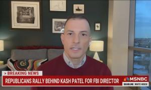 still of Carusone; chyron: Republicans rally behind Kash Patel for FBI director