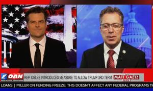 still of Gaetz, Ogles; chyron: Rep. Ogles introduces measure to allow Trump 3rd term