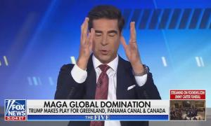 still of Watters; chyron: MAGA global domination Trump makes play for Greenland, Panama Canal & Canada