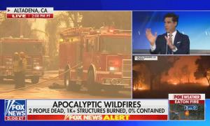 still of Watters; footage of wildfires; chyron: Apocalyptic wildfires 2 people dead, 1k+ structures burned, 0% contained