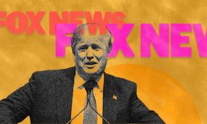 Donald Trump in front of the Fox News logo 