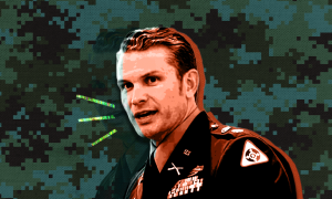 Pete Hegseth with camo background