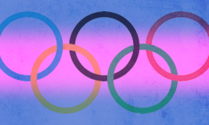 A stylized version of the Olympic rings overlaid with the colors of the transgender pride flag, featuring shades of blue, pink, and white. The rings appear slightly distorted and textured, blending into the background.