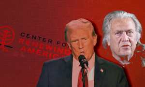 Donald Trump, Steve Bannon and the logo for The Center for Renewing America