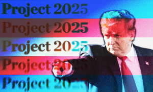 Trump pointing with the transgender flag overlaid and "Project 2025" appearing down the left side in every stripe