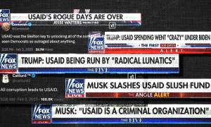 Graphic image of overlapping screenshots of Fox News chyrons which give misleading claims about USAID