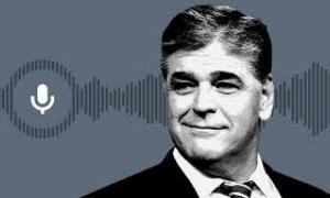 black and white image of Sean Hannity; clip art microphone; audio wave graphic 