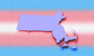 The state of Massachusetts in periwinkle with a drop shadow over a trans flag