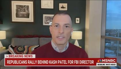 still of Carusone; chyron: Republicans rally behind Kash Patel for FBI director