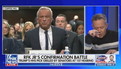 still of Greg Gutfeld; chyron: RFK Jr's confirmation battle Trump's HHS pick grilled by senators at 1st hearing