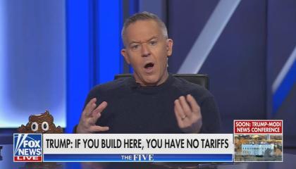 still of Gutfeld; chyron: Trump: If you build here, you have no tariffs