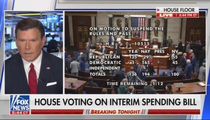 still of Baier; footage of House floor; chyron: House voting on interim spending bill