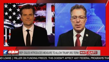 still of Gaetz, Ogles; chyron: Rep. Ogles introduces measure to allow Trump 3rd term