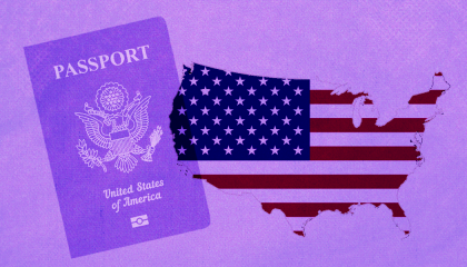 An American passport and a U.S. map