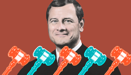 Image of Chief Justice John Roberts overlaid with multi-colored gavels