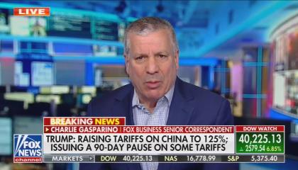 still of Gasparino; chyron: Trump: Raising tariffs on China to 125%; Issuing a 90-day pause on some tariffs