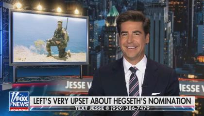 still of Watters; image of Hegseth; chyron: Left's very upset about Hegseth's nomination