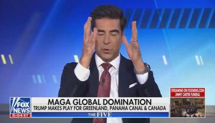 still of Watters; chyron: MAGA global domination Trump makes play for Greenland, Panama Canal & Canada