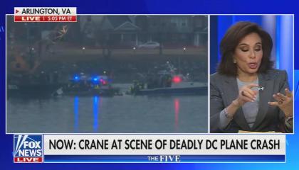 still of Jeanine Pirro; footage of DCA plane crash; chyron: Now: crane at scene of deadly DC plane crash