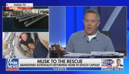 still of Gutfeld; chyron: Musk to the rescue / Abandoned astronauts returning home in SpaceX capsule