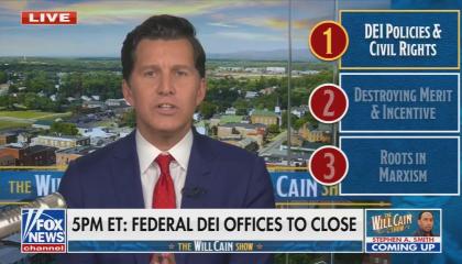 still of Cain; chyron: 5PM ET: Federal DEI offices to close