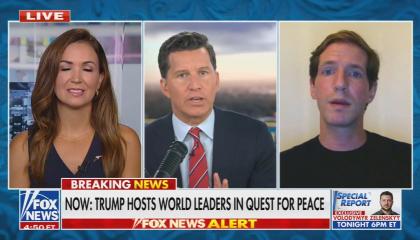 still of Cain, DZYADKO; chyron: Now: Trump hosts world leaders in quest for peace