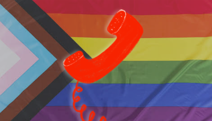 A red landline phone with a progress pride flag as the background.