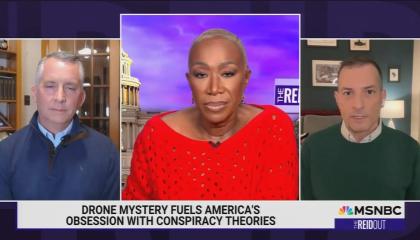 still of David Jolly, Joy Reid, Angelo Carusone; chyron: Drone mystery fuels America's obsession with conspiracy theories