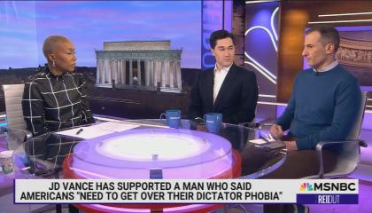 still of Joy Reid, Hugo Lowell, Angelo Carusone; chyron: JD Vance supported a man who said Americans "need to get over their dictator phobia"