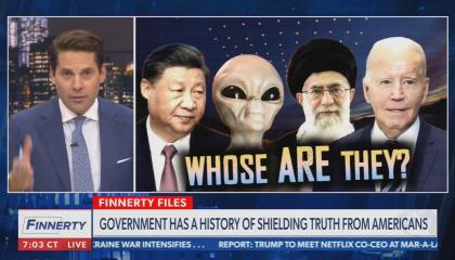 Newsmax's Finnerty with a graphic depicting Xi Jin Ping, an alien, Khamenei, and Joe Biden with the caption "Who are they?"