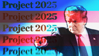 Trump pointing with the transgender flag overlaid and "Project 2025" appearing down the left side in every stripe