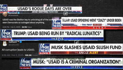 Graphic image of overlapping screenshots of Fox News chyrons which give misleading claims about USAID