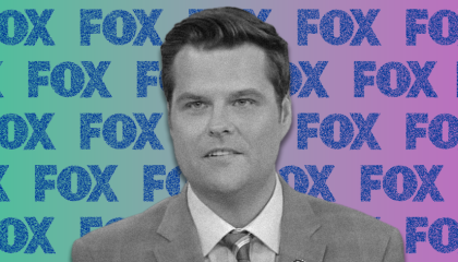 Matt Gaetz in front of the Fox News logo