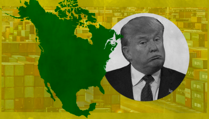 A map of the Americas and a picture of Donald Trump