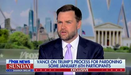 Image of JD Vance interviewed on Fox News Sunday regarding pardoning Jan. 6 prisoners