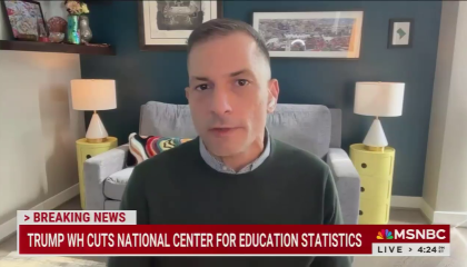 still of Angelo; chyron: Trump WH cuts National Center for Education Statistics