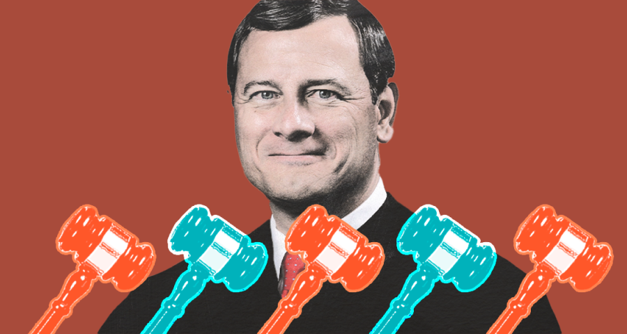 Image of Chief Justice John Roberts overlaid with multi-colored gavels