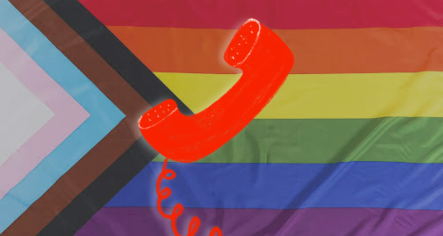 A red landline phone with a progress pride flag as the background.
