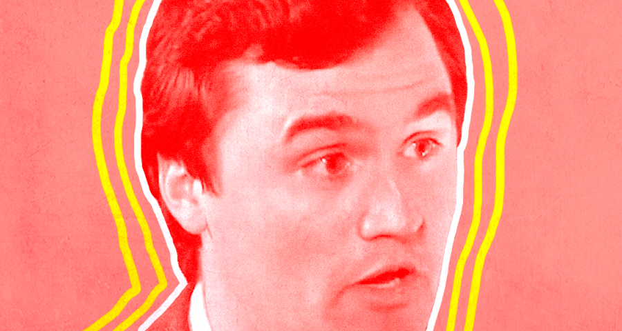 A portrait of Charlie Kirk shaded in red with white and yellow outlines.