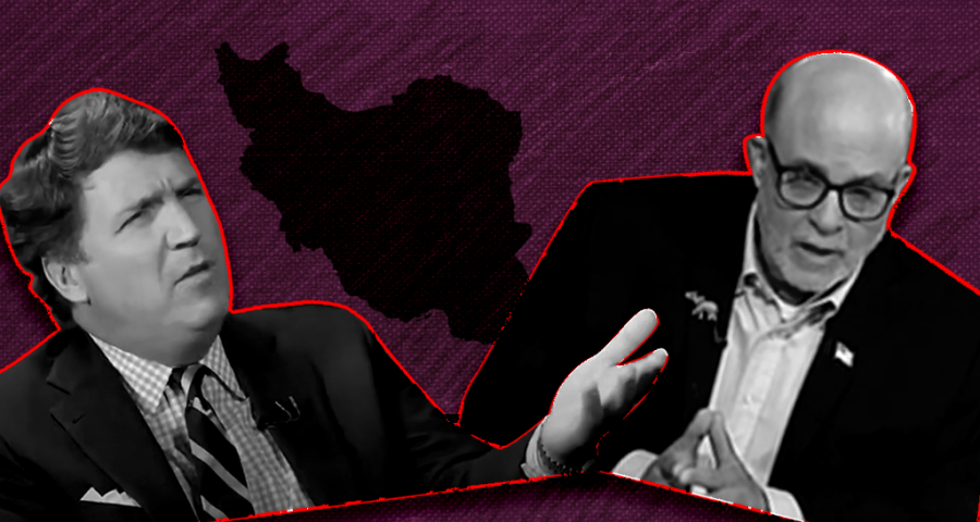 Tucker Carlson and Mark Levin in front of a map of Iran