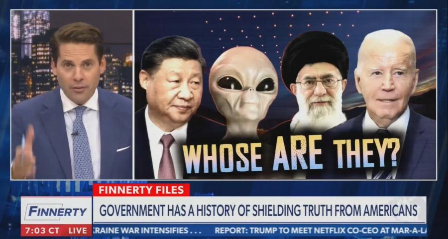 Newsmax's Finnerty with a graphic depicting Xi Jin Ping, an alien, Khamenei, and Joe Biden with the caption "Who are they?"