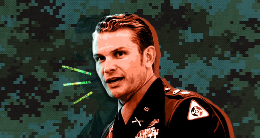 Pete Hegseth with camo background