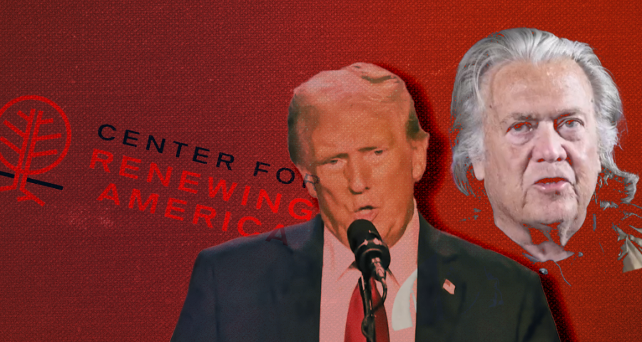 Donald Trump, Steve Bannon and the logo for The Center for Renewing America