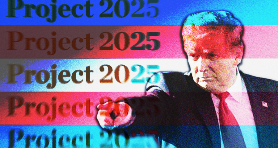 Trump pointing with the transgender flag overlaid and "Project 2025" appearing down the left side in every stripe