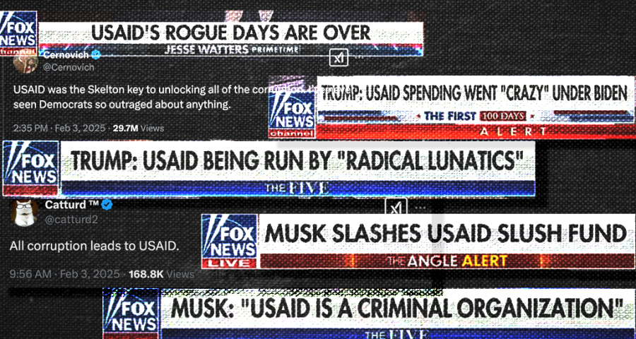 Graphic image of overlapping screenshots of Fox News chyrons which give misleading claims about USAID