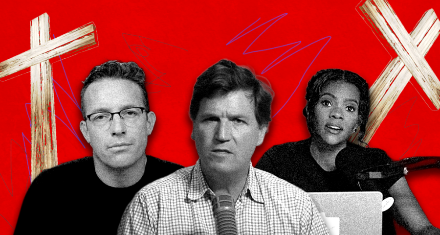 Benny Johnson, tucker Carlson, Candace Owens on a red background with crosses